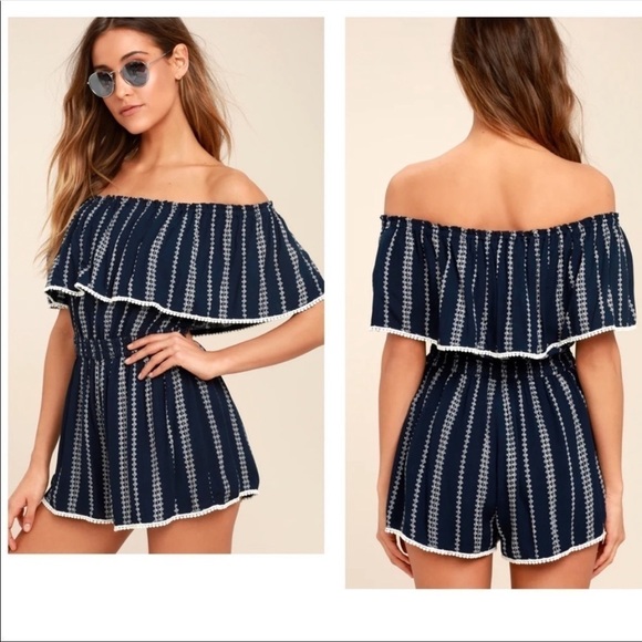 Lulus Off the Shoulder Romper Blue Embroidered Size Large - Picture 1 of 8